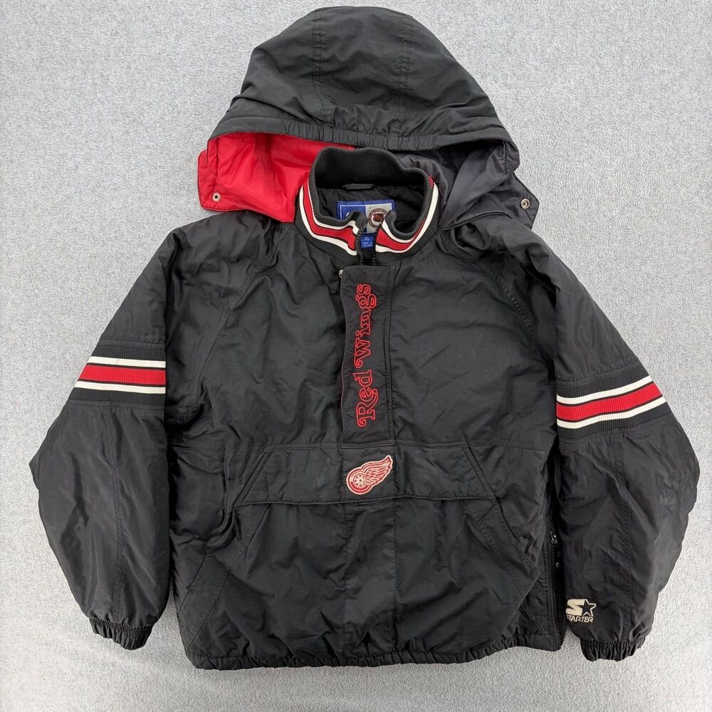Detroit Red Wings Starter Jacket Mens XL Hooded Black Bulky Puffer Vintage 90s